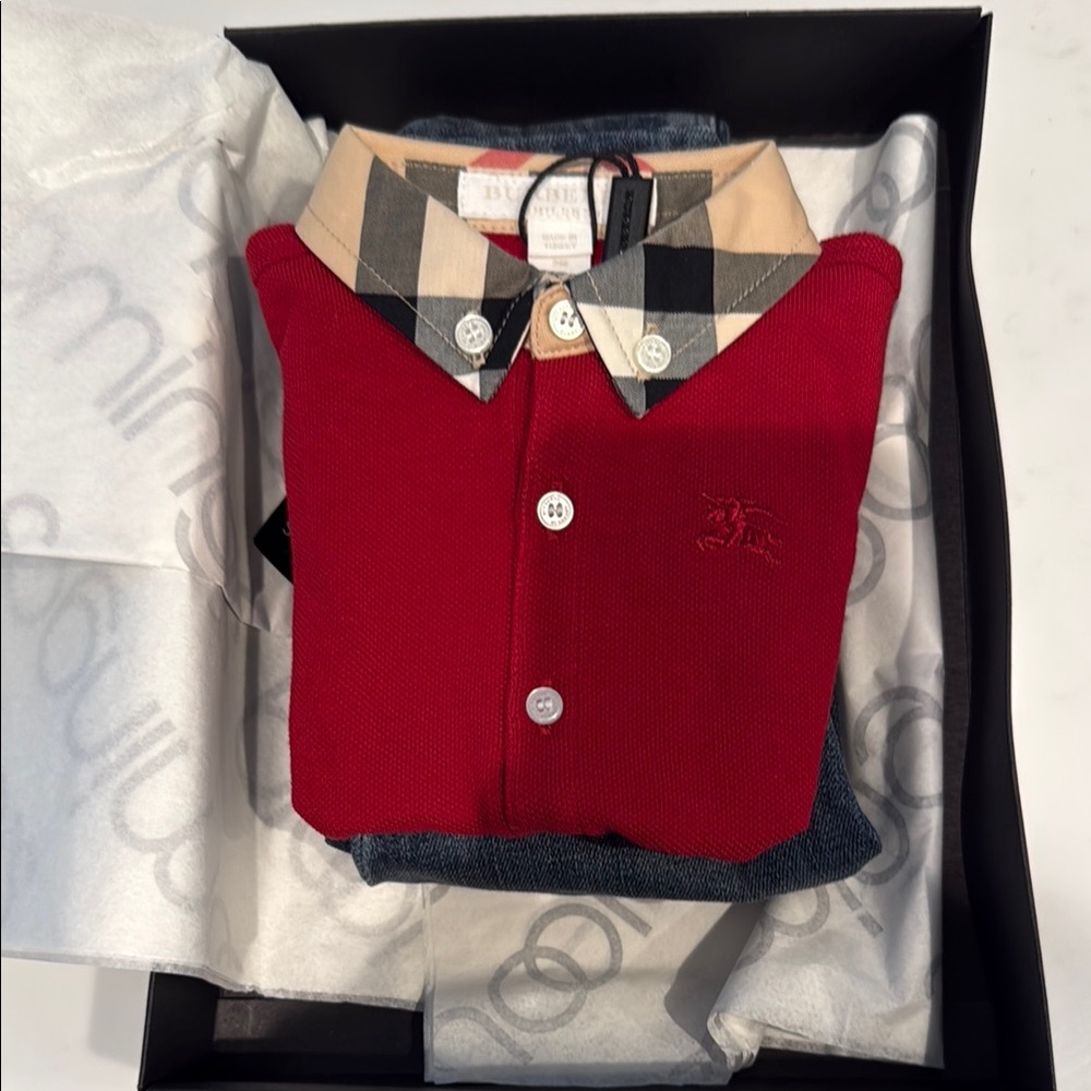 NWT Burberry Red Polo Shirt w/ Check Collar and Burberry Stretch Jeans Gift Set